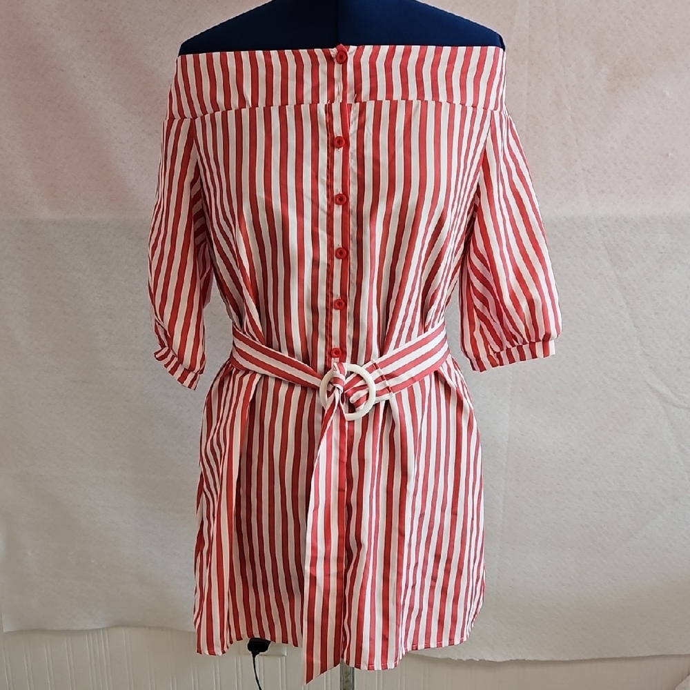 Red and White Striped Off-Shoulder Dress
